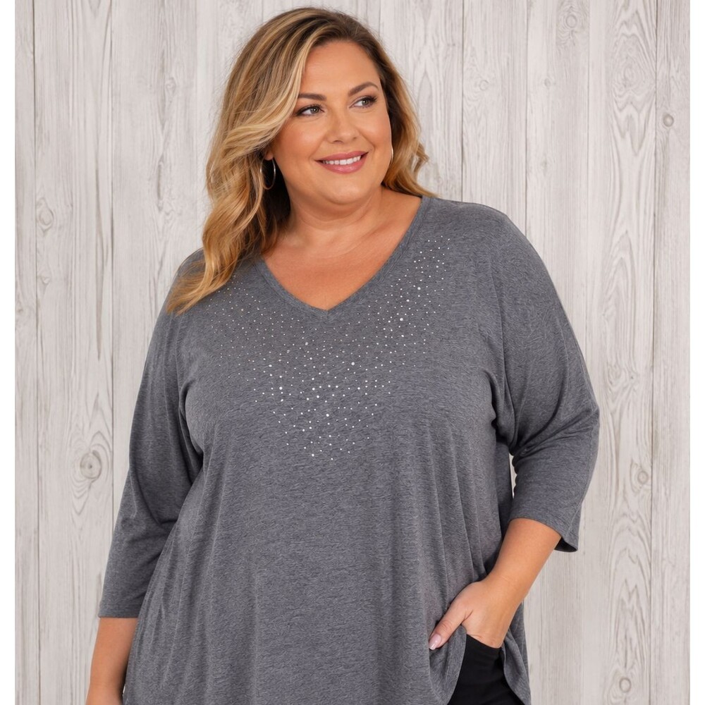 Catherines Womens 2X Gray V Neck Top Rhinestone 3/4 Sleeve Stretch